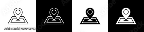 Location icon set in line and glyph style on black and white background