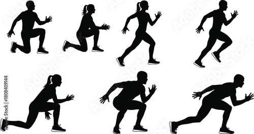 Runners starting position silhouettes set, vector collection of men and women sprinting and stretching, athletic figures isolated on white background.