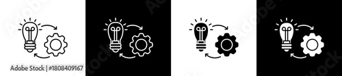 Implementation icon set in line and glyph style on black and white background