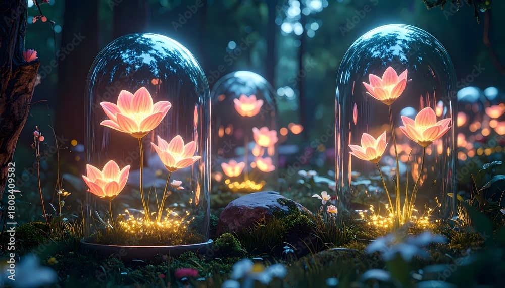Obraz premium Enchanted Forest with Glowing Lotus Flowers Under Glass Domes at Night.