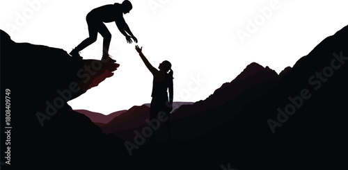 Silhouette of hiker reaching hand to help friend climb cliff, teamwork and trust concept, mountain landscape background, vector illustration graphic design.