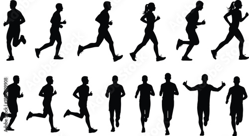 Running people silhouettes set, vector illustration collection of men and women jogging, marathon runners training figures isolated on white background.