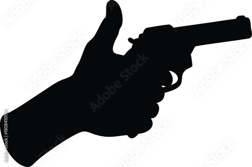 A black silhouette of a hand firmly holding a revolver pointed forward