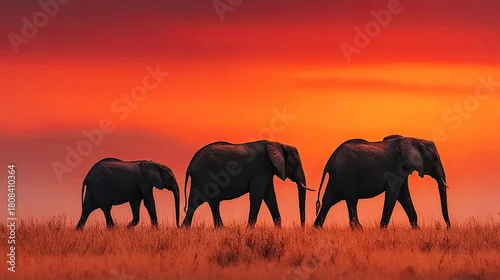 Obraz Silhouette of elephant family walking in savannah grassland, warm sunset background concept, perfect for nature, travel, or wildlife conservation themes.