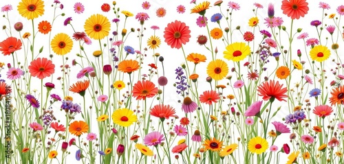 Fototapeta Naklejka Na Ścianę i Meble -  Vibrant wildflower meadow seamless repeat on crisp white background , digital, peonies