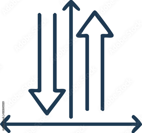 Abstract vector icon with multiple vertical arrows indicating upward and downward movement, combined with a horizontal scale, symbolizing data analysis, trend comparison, and value measurement