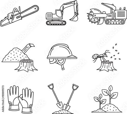 Collection of forestry and construction equipment icons