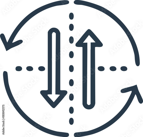 Vector graphic illustrating a circular arrow symbol with internal bidirectional arrows and dashed lines representing a cycle or process