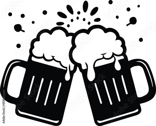 Two frothy beer mugs clinking together in a celebratory black and white