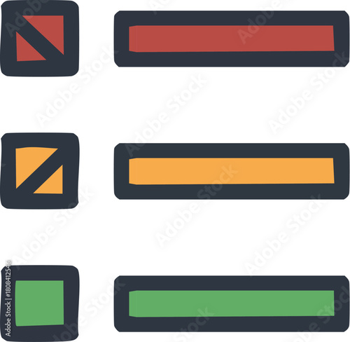Three different colored progress bars and checkboxes, in a simple, hand-drawn style, representing stages of completion or status