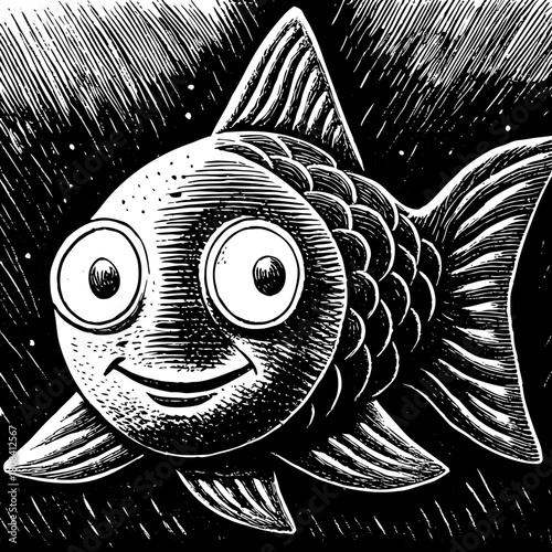 A cheerful fish with big eyes smiles in the dark ocean depths