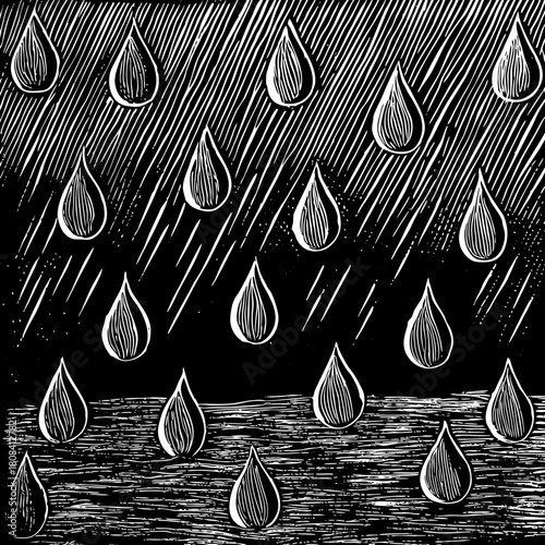 Black and white illustration of raindrops falling on a dark surface