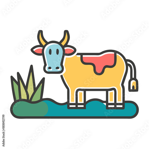 Cartoon cow grazing in a field with grass and a red spot