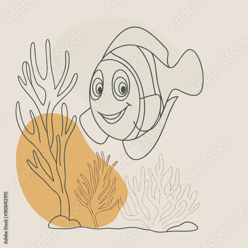Cute clownfish swimming near coral reef isolated on