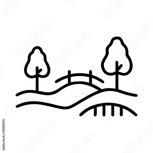 Outlined landscape with trees and bridge isolated on