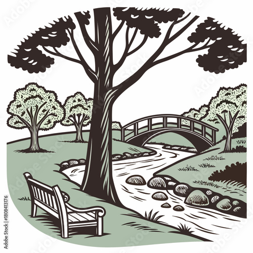 Scenic park landscape with bridge, stream, and lush trees