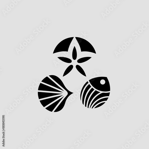 Stylized sea life composition with starfish, shell, and fish