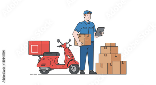 Efficient delivery driver with tablet and scooter ready to deliver packages, ensuring swift service and customer satisfaction, modern logistics solution