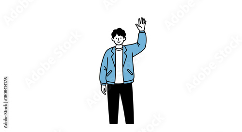 Friendly young man waving hello with a cheerful smile, inviting and approachable, a great visual for greetings, welcomes, and positive interactions