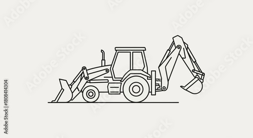 Tractor Digger: Simple black line art of a tractor digger on neutral background. Depicting the utility and function of the machine. 