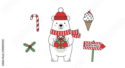 Festive polar bear with gifts and holiday treats, perfect for Christmas cards and winter designs, capturing the joy of the season and childlike wonder