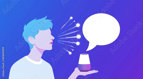 Man speaking into a device with a speech bubble and radiating lines