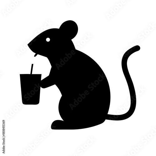 Black silhouette icon of a mouse drinking juice.
