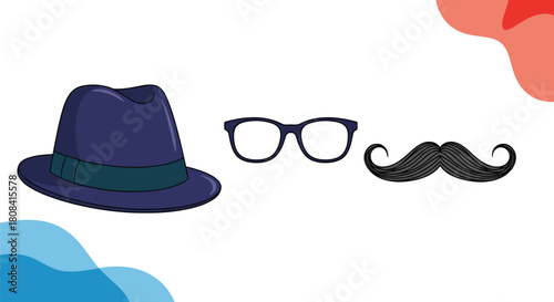 A classic men's accessory set including a blue fedora hat black-rimmed glasses and a curly mustache on a white background.