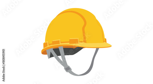 A bright yellow construction hard hat with a gray chin strap is illustrated in a simple flat style on a white background.