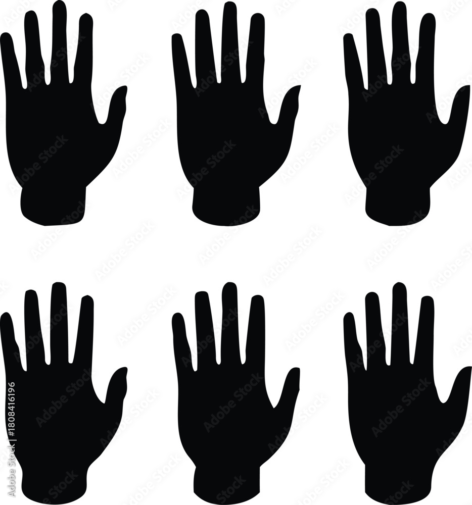 Fototapeta premium Six black silhouettes of open human hands arranged in a grid pattern