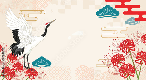 A beautiful Japanese-style background featuring an elegant crane red spider lilies and traditional patterns with copy space.