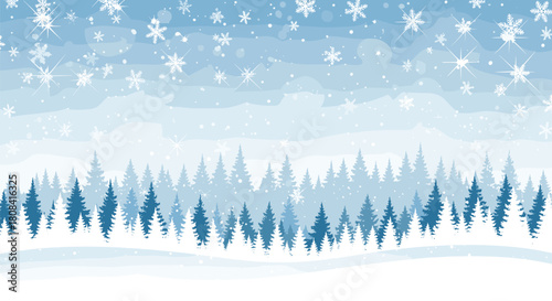 A serene winter landscape shows a forest of pine trees covered in snow with snowflakes falling from a sparkling blue sky.