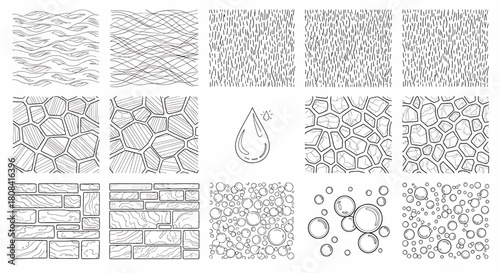 Collection of Hand Drawn Textured Patterns Featuring Waves, Crosshatch Lines, Vertical Strokes, Stone Pavement, Brickwork, and Bubbles