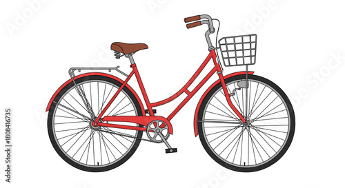 A classic red city bicycle with a front basket a luggage rack and a brown leather seat is shown in a simple line drawing.