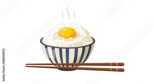 A traditional Japanese breakfast of tamago kake gohan featuring a raw egg on top of steaming white rice in a striped bowl.