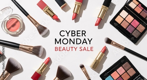 Cyber monday beauty sale advertisement banner with cosmetics and makeup products