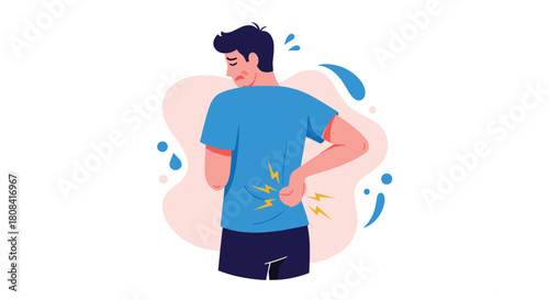 A man in a blue shirt is experiencing severe lower back pain as shown by yellow lightning bolts indicating the sharp ache.