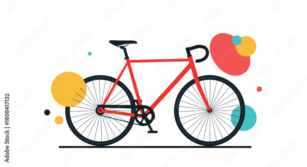 Fototapeta premium A modern red road bike or fixed-gear bicycle is illustrated in a flat style with colorful abstract circles in the background.