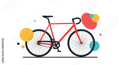 A modern red road bike or fixed-gear bicycle is illustrated in a flat style with colorful abstract circles in the background.
