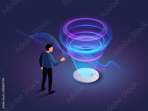 Man interacting with a futuristic holographic energy portal
