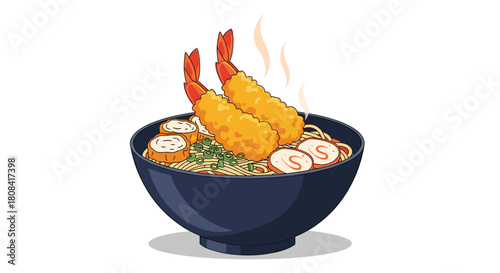 A steaming hot bowl of Japanese udon or ramen noodle soup is topped with two crispy shrimp tempura and other ingredients.