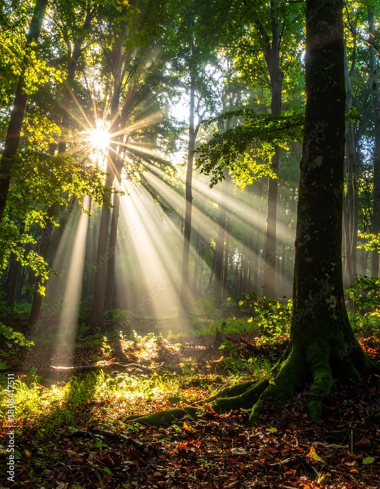 Fototapeta premium Sunlight Filtering Through Trees in a Lush Forest Landscape.