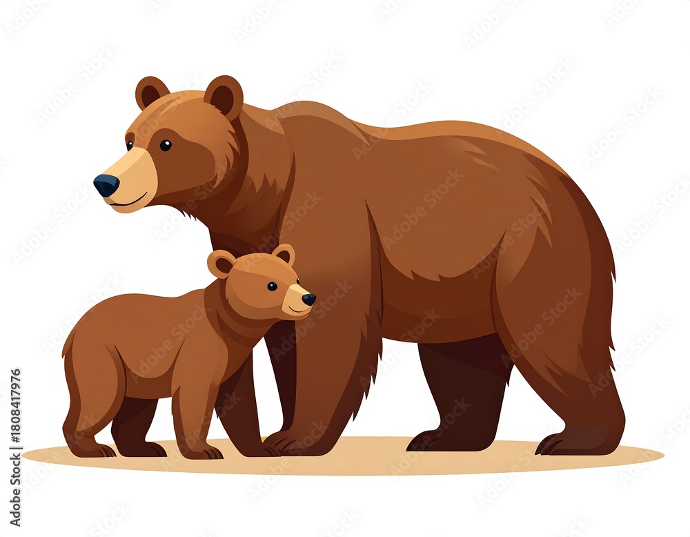 Fototapeta premium A cartoon illustration features a brown bear and its cub standing side-by-side, likely in a forest setting, isolated on a white background