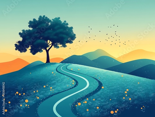 Winding road through grassy hills under a gradient sky with tree and birds landscape