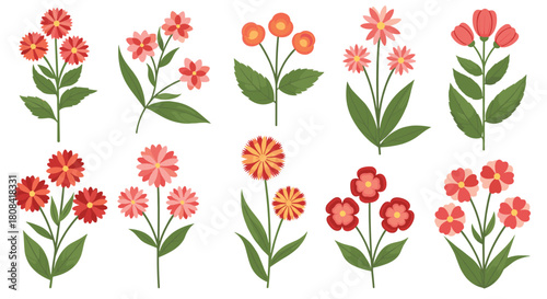 A beautiful set of ten stylized flower bouquets in shades of red and pink with green leaves is shown on white background.