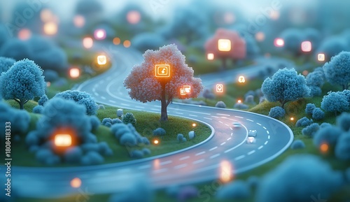 Winding Road Through Misty Hills with Glowing Digital Icons path highway