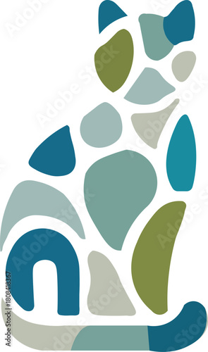 Abstract mosaic cat with blue and green tones