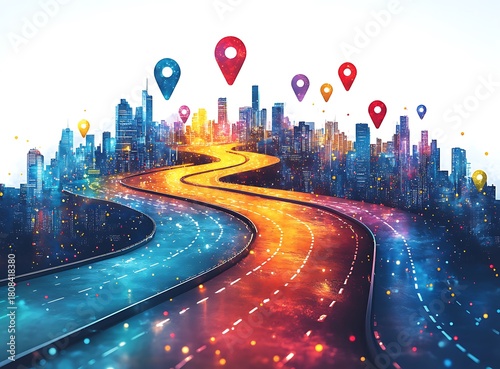 Winding roads with location pins lead to a vibrant city skyline urban transportation