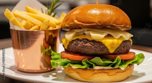 Delicious Gourmet Burger with Golden French Fries Served on a White Plate