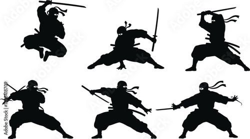 Set of black ninja silhouettes fighting with swords, japanese assassin characters with katana, vector illustration isolated on white background for design.